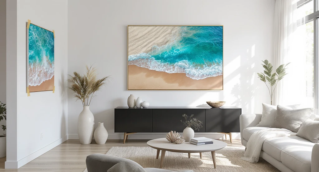 A modern living room with two versions of aerial beach art displayed—one correctly with sand at the bottom, one taped and reversed with sand on top—showing how to decide artwork orientation without visualization tools.