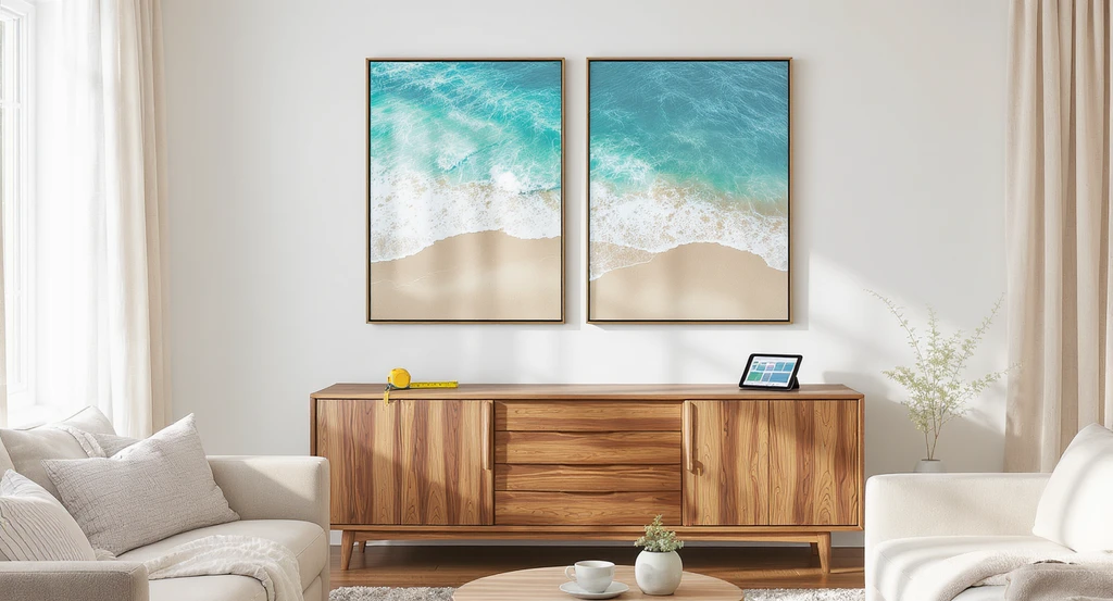 Photorealistic coastal living room showing two aerial beach art orientations previewed above a credenza, illustrating how to visualize room layout if you can't picture it, using tools to help aphantasia with interior design, and demonstrating visualization techniques for furniture arrangement without human figures.
