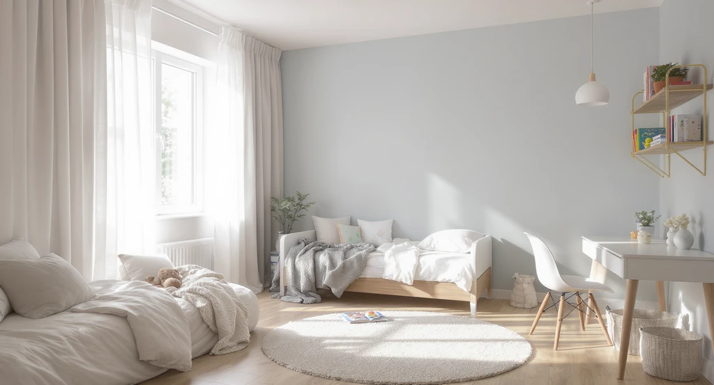 Editorial photo of a neatly organized kids’ bedroom using ai home design ideas for kids bedrooms and ai powered room visualization for children, showing dedicated sleep, play, and study zones with ample open space.