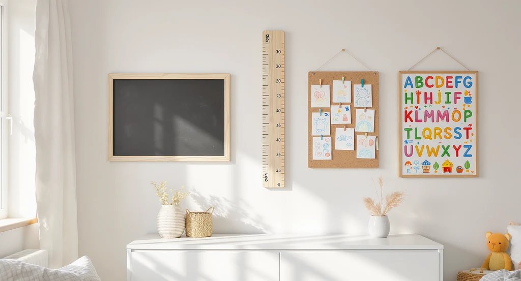 Kids bedroom wall with growth chart, chalkboard, pinboard art display, and alphabet board; ai home design ideas for kids bedrooms, ai powered room visualization for children, how to use ai for kids bedroom layout, virtual staging ai for play zones, best ai tools for kids room decor planning.