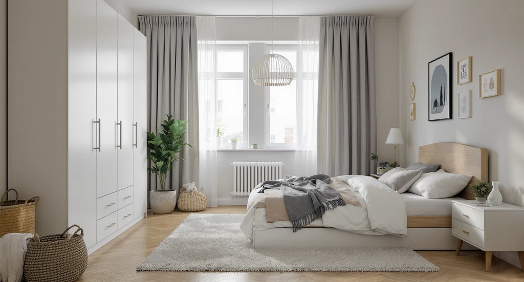 Photorealistic kids’ bedroom with a tall wardrobe, full-length curtains, and a large rug under a bed, exemplifying ai home design ideas for kids bedrooms, ai powered room visualization for children, and how to use ai for kids bedroom layout without clutter.