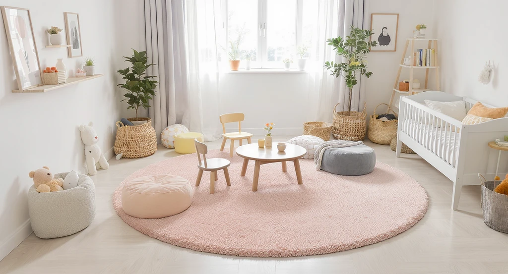 Photorealistic kids’ bedroom with round rug, small table, and floor cushions anchoring the center, showcasing ai home design ideas for kids bedrooms and virtual staging ai for play zones.