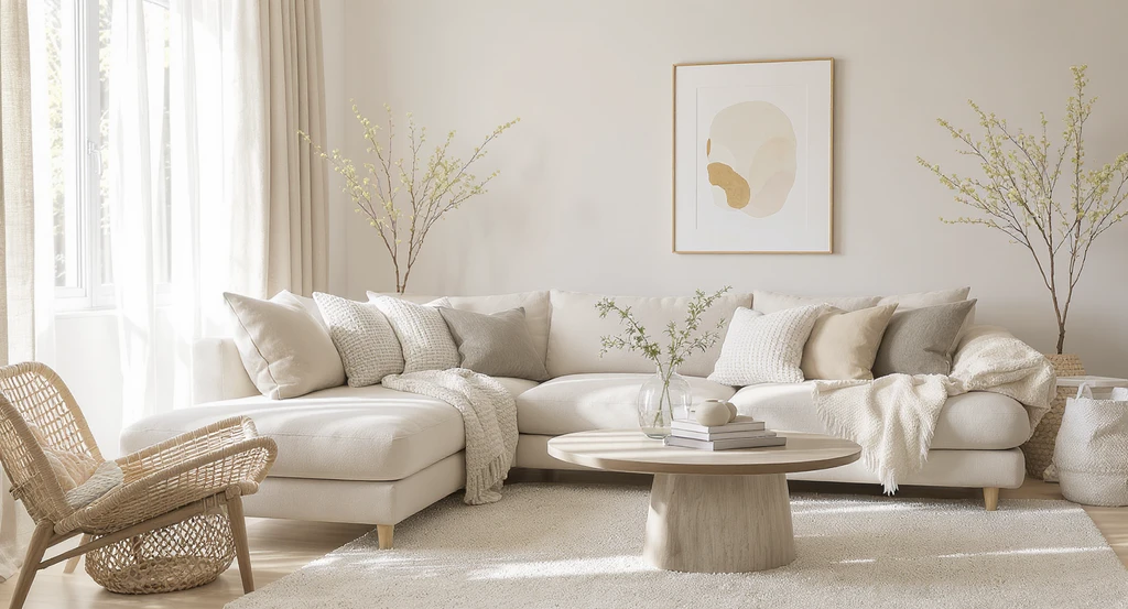 Spring living room refresh ideas shown in a neutral space with earth-tone sofa, cozy throws, layered textures, and subtle greenery accents.