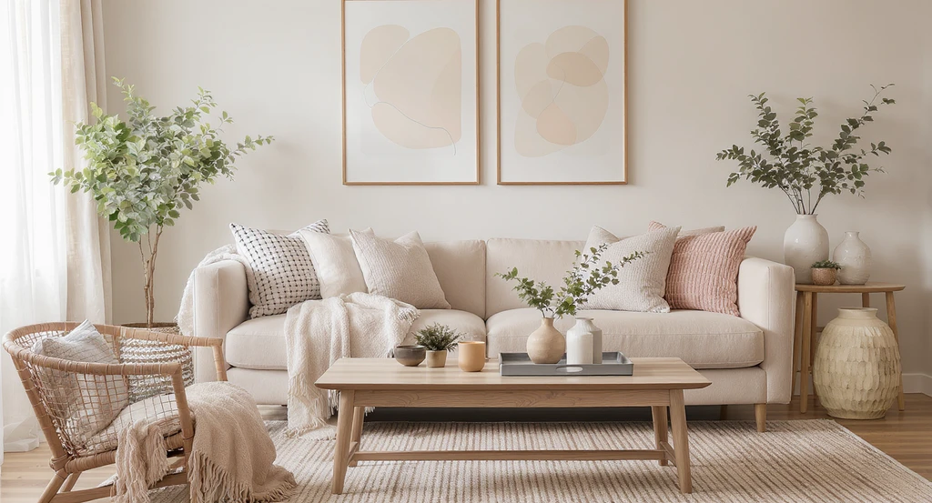 Spring living room refresh ideas shown in a neutral living room with a beige sofa, textured throws, earth-toned pillows, and fresh greenery enhancing cozy vibes.