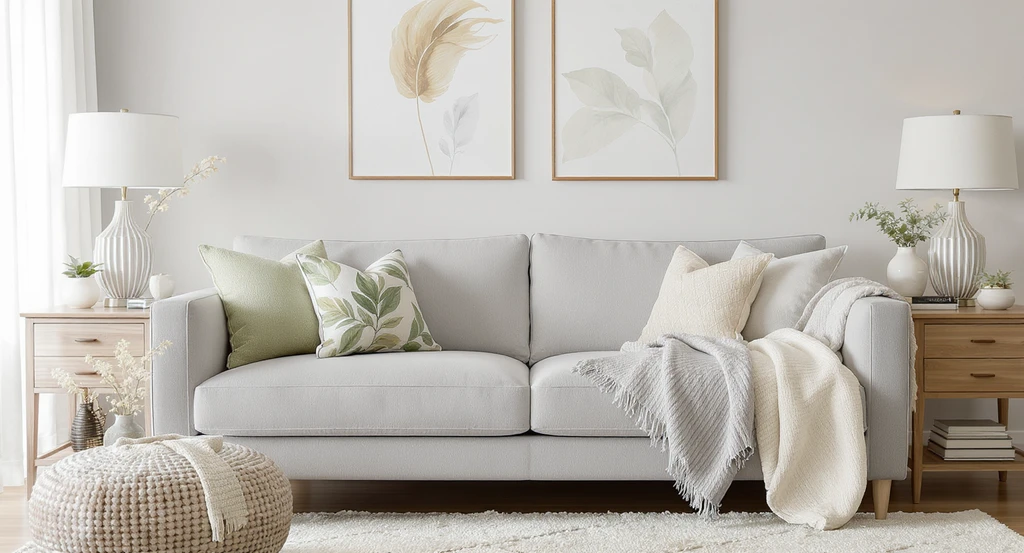 Spring living room refresh showing a neutral sofa with botanical and textured pillows, layered rugs, a ceramic vase with foliage, and a warm table lamp. The space demonstrates how to style neutral living rooms for spring, using cozy earth tones and added textures.