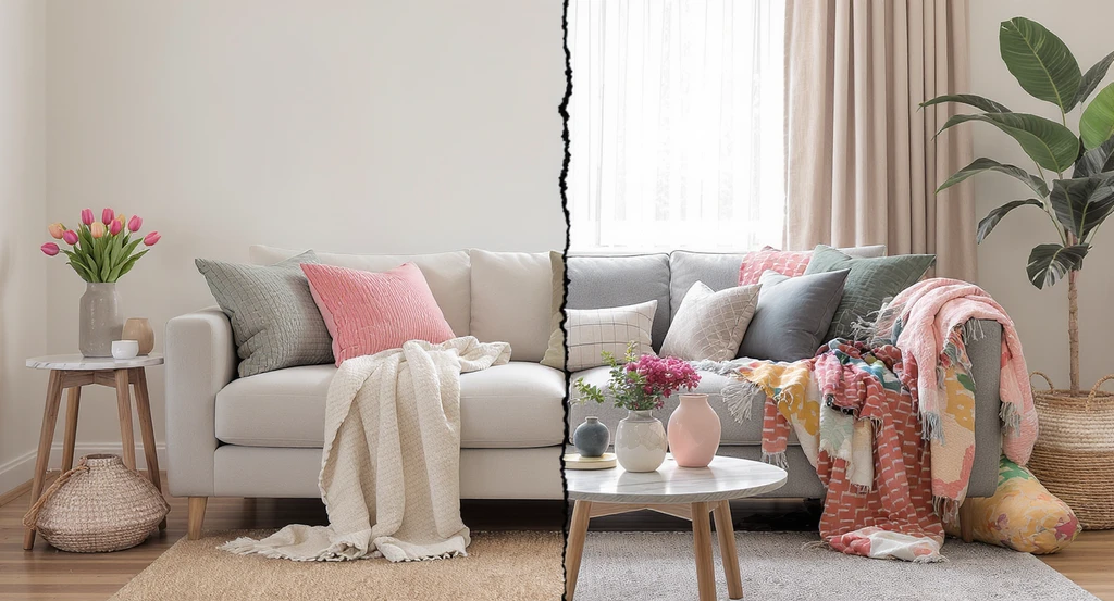Spring living room refresh ideas shown side by side—one styled with subtle earth-tone updates for cohesion, the other cluttered with mismatched spring decor.