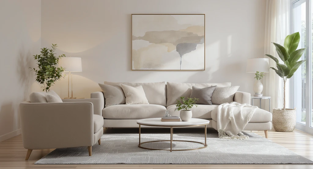 Spring living room refresh ideas shown in a neutral living room with a beige sofa, low-contrast rug, abstract art, and minimal spring decor for a cozy vibe.