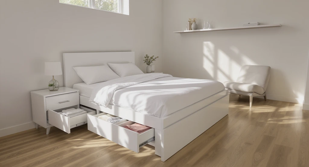 Photorealistic small bedroom with a white captain's bed featuring built-in drawers, slim side dressers, and clear walkways—shows how to visualize space-saving bed designs for small bedrooms using practical layout tips.
