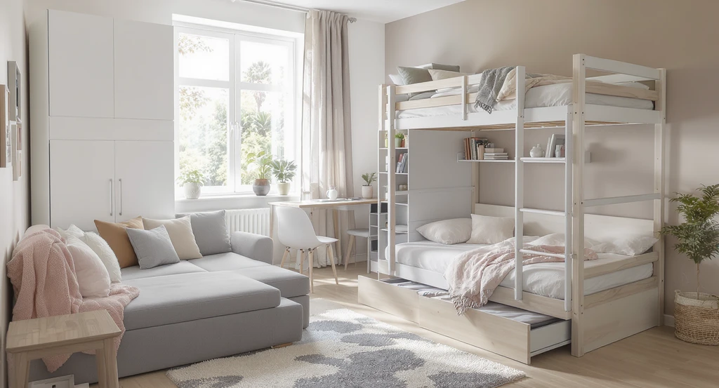 Photorealistic small bedroom showing seven space-saving bed designs, ideal for visualizing storage-focused options if you can't imagine furniture layout.