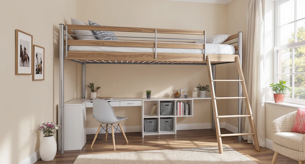Photorealistic youth bedroom with a lofted bed, ample ceiling height, desk and storage beneath, illustrating vertical zoning in small bedrooms. Perfect visualization tool for aphantasia bedroom design or those who can't picture furniture layouts.