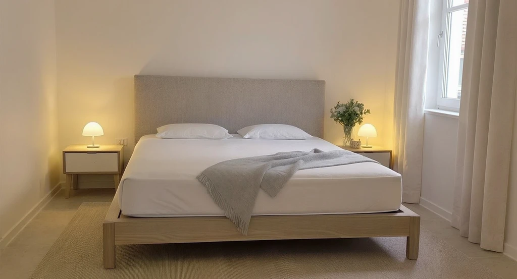 Ultra-realistic small bedroom with a low-profile bed and headboard under 42 inches high, demonstrating bed design ideas for small bedrooms, ideal for non-visual thinkers using bedroom design apps to picture furniture layout.