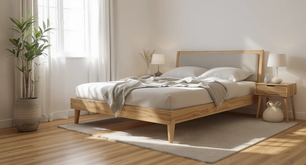 Photorealistic small bedroom with a modern open-base bed on visible legs, showing unobstructed light flowing underneath and across the floor for small space design.