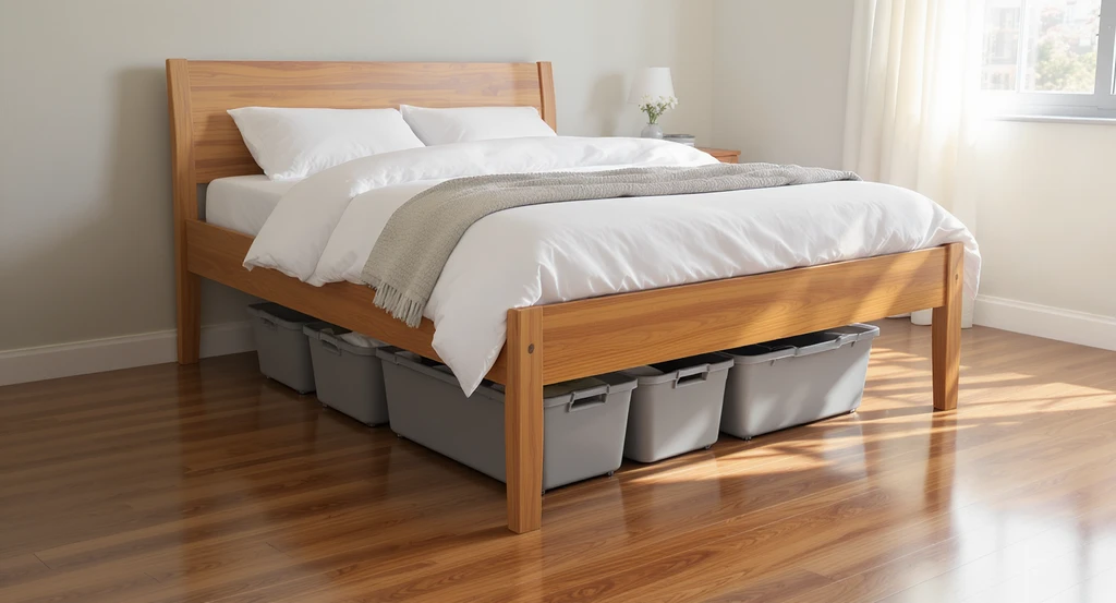 Photorealistic small bedroom with a modern bed raised 12 inches, showing organized underbed storage bins, ideal for space-saving bed design visualization.