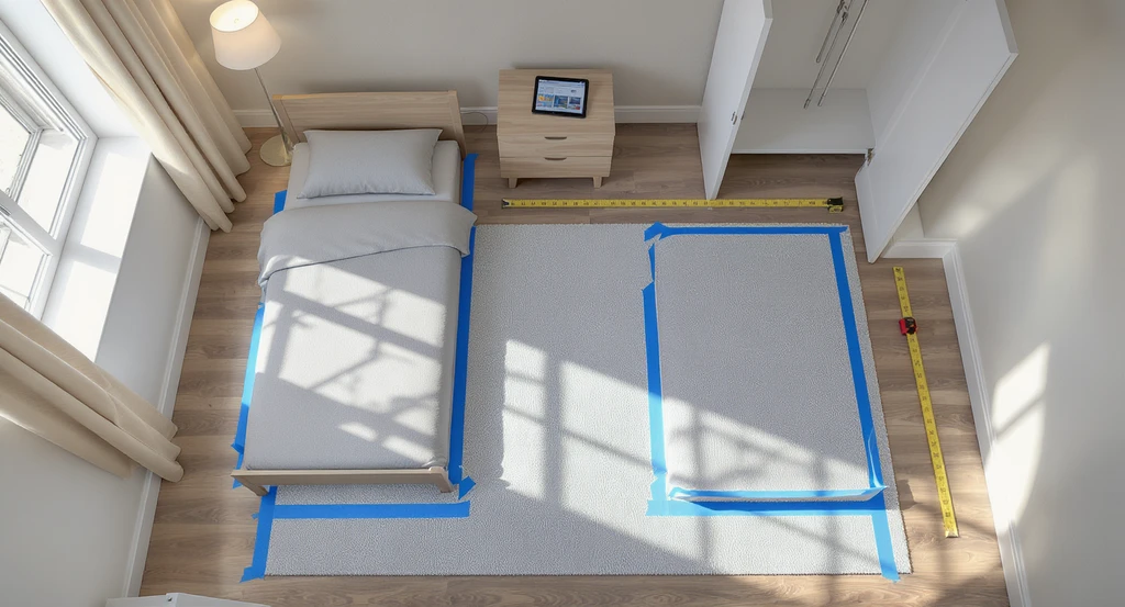 Overhead view of a small bedroom with bed-shaped tape outlines on the floor, measuring tools, and a tablet displaying how to visualize bed designs for small bedrooms, ideal for aphantasia or non-visual thinkers choosing optimal layouts.