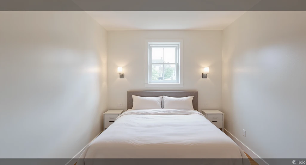 Photorealistic 10x10 bedroom with queen bed, light walls, wall-mounted lighting, and minimal furniture to help preview spaciousness and furniture layout.