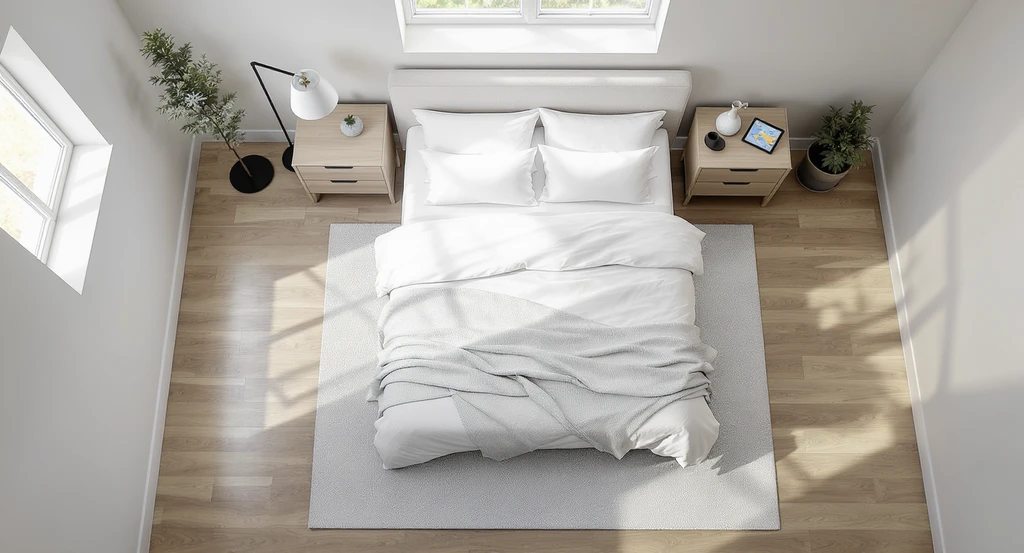 Top-down view of a 10x10 bedroom with a queen bed centered, nightstands, and a tablet showing a visualization app for planning furniture layout.