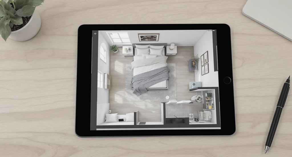 Photorealistic tablet on a desk displaying a digital floor plan of a 10x10 bedroom with a true-to-scale queen bed, nightstands, and dresser, showing how to visualize a queen bed in a 10x10 bedroom using the best apps to visualize furniture placement and aiding those who can’t imagine bed size in room or seeking aphantasia strategies for planning bedroom design.