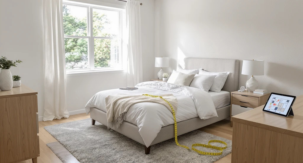 Photorealistic 10x10 bedroom with a queen bed, measuring tape, and tablet showing how to visualize a queen bed in a 10x10 bedroom layout.