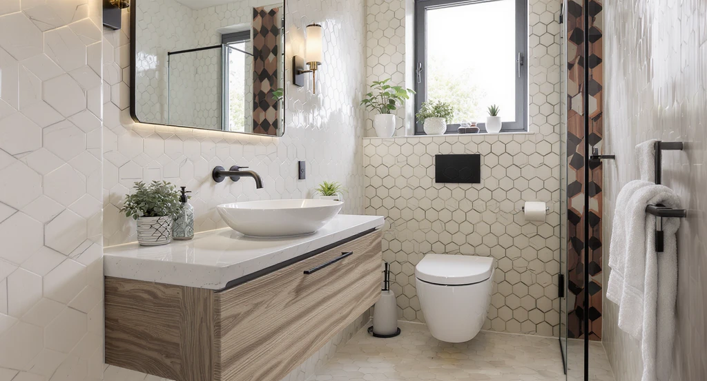 Ultra-realistic modern powder room visualized with ai powered powder room design ideas and virtual staging for small bathrooms, showcasing a flawless, high-impact remodel layout.