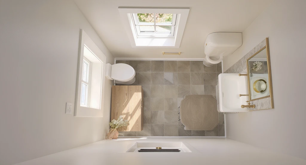 Ultra-realistic virtual staging of a modern powder room with AI powered powder room design ideas, showing a clear entry with no fixtures blocking the swing door or window, for those visualizing a powder room remodel with AI.