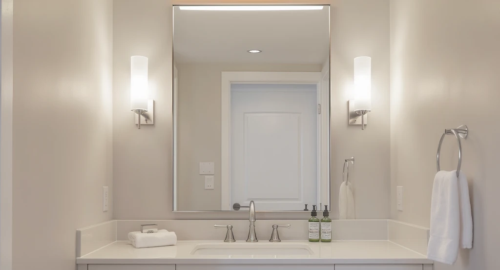 Modern powder room with wall sconces beside a mirror and a central ceiling fixture, illustrating ai powered powder room design ideas and virtual staging for small bathrooms using layered lighting.