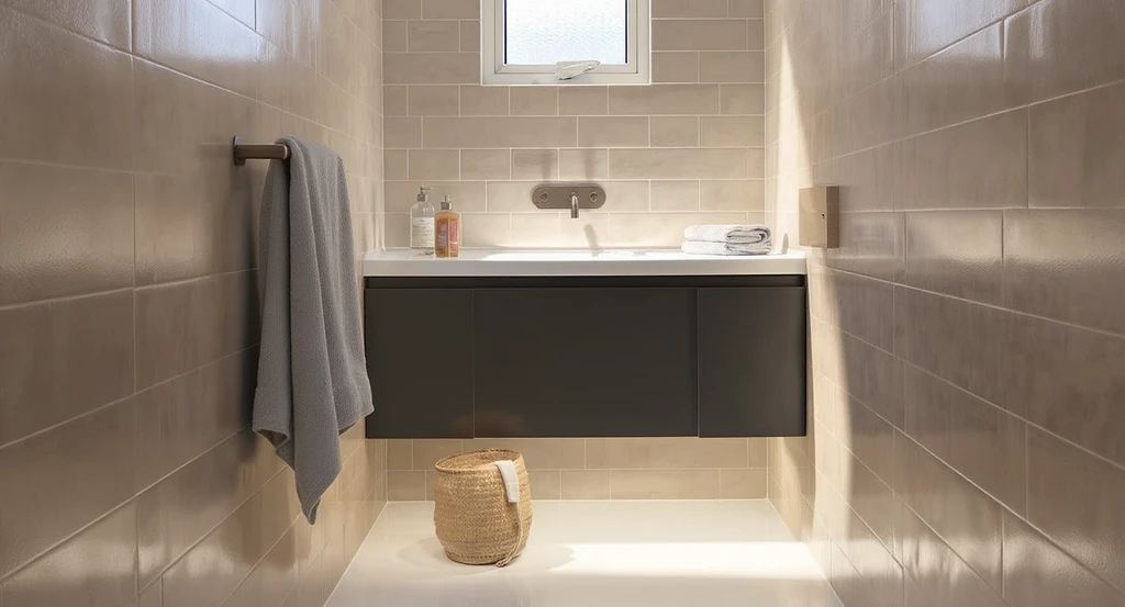 Ultra-realistic virtual staging of a small powder room with floating vanity, demonstrating ai powered powder room design ideas for modern style and better proportions.