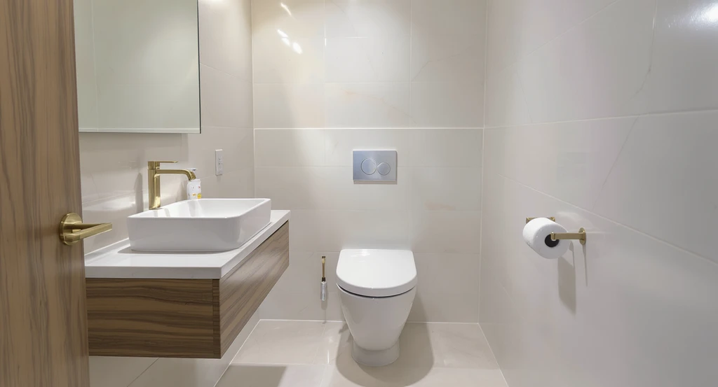 Ultra-realistic powder room shows optimal clearances: 21 inches in front of the toilet, wall-mounted shallow vanity, using ai powered powder room design ideas and virtual staging for small bathrooms.