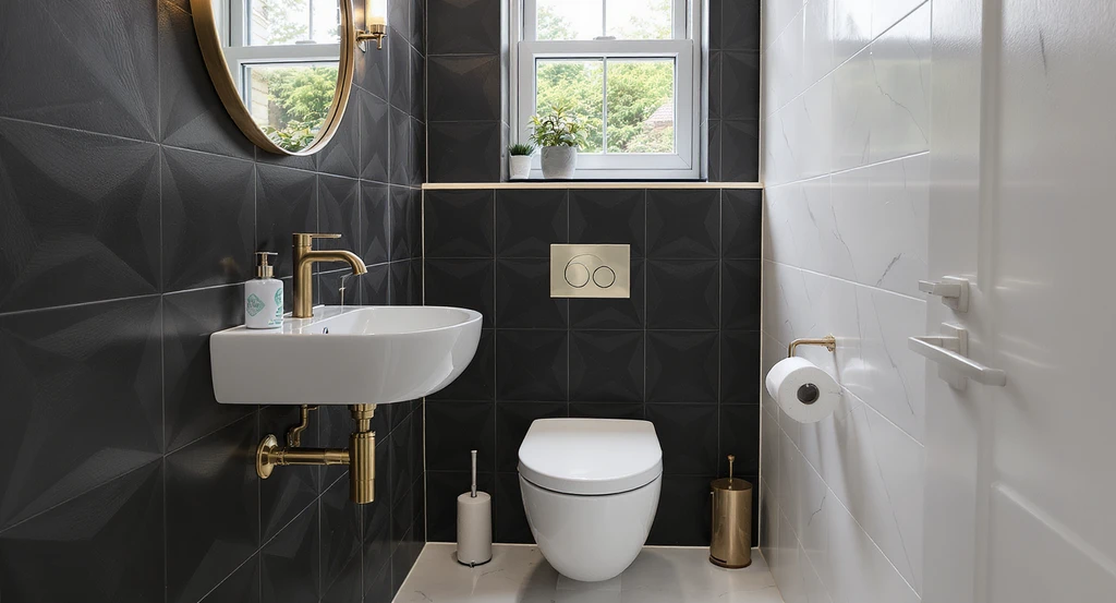 Photorealistic ai powered powder room design ideas show a modern, compact space with virtual staging for small bathrooms, highlighting optimal layout and stylish fixtures using ai design.