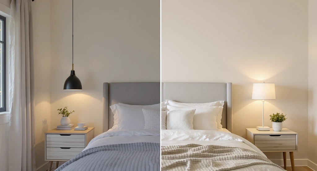 ai bedroom lighting placement guide shows a low 8-foot ceiling bedroom with a pendant light crowding one nightstand and an ideal sconce on the other, demonstrating common lighting mistakes in ai design and how to choose sconces with ai visualization for optimal pendant light height.