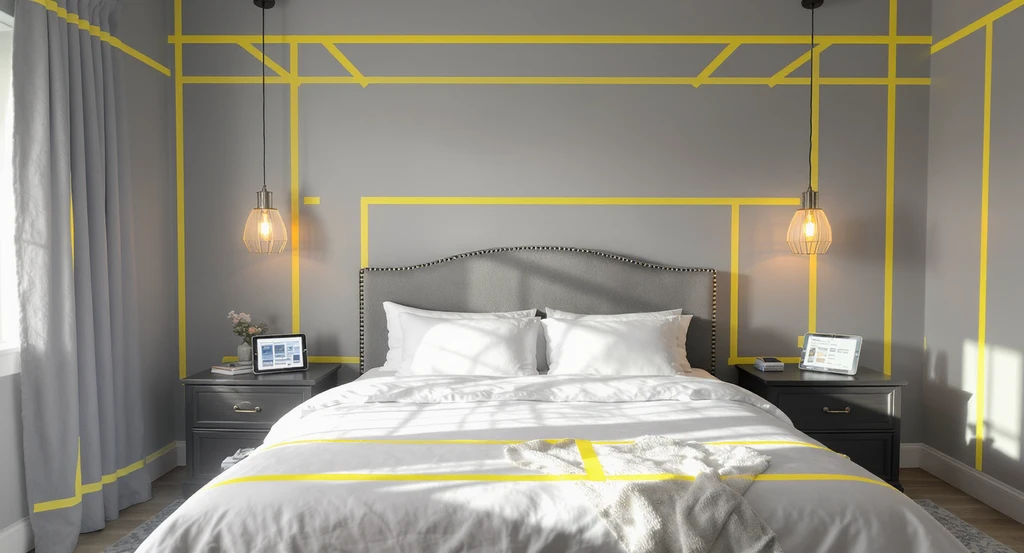 Modern bedroom with painter’s tape outlining pendant and sconce placements above nightstands and tablet displaying ai bedroom lighting placement guide, showing how to optimize pendant light height with ai and avoid common lighting mistakes in ai design.