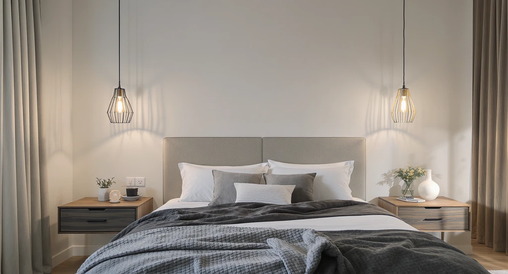Modern bedroom showing ai bedroom lighting placement guide error: pendants at uneven heights and improperly placed sconces, with visible lighting mistakes.