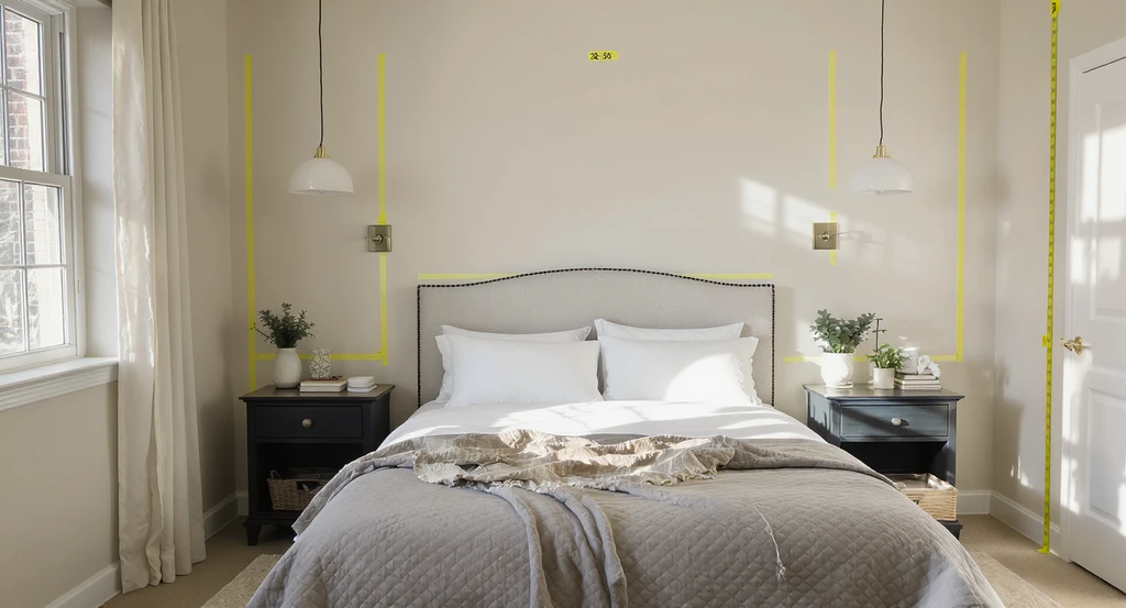 ai bedroom lighting placement guide showing a realistic bedroom with incorrect and correct sconce and pendant light heights, optimizing pendant light height with ai visualization, and highlighting common lighting mistakes in ai design. The image clearly demonstrates how to choose sconces with ai visualization for proper bed area illumination, featuring painter’s tape for placement reference.