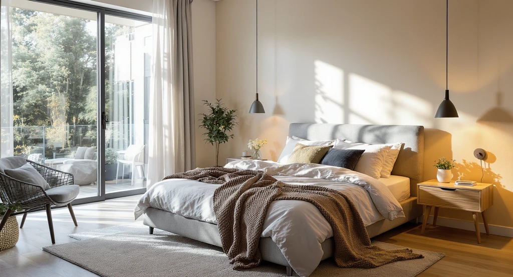 Modern bedroom with realistic pendant lights hung at incorrect heights over a bed and wall sconces placed too high, illustrating common lighting mistakes in ai bedroom lighting placement guide and optimizing pendant light height with ai visualization.