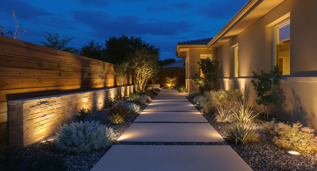 Modern front yard with unified plants, walkway, stone privacy wall, and subtle lighting, illustrating coordinated curb appeal landscaping ideas.