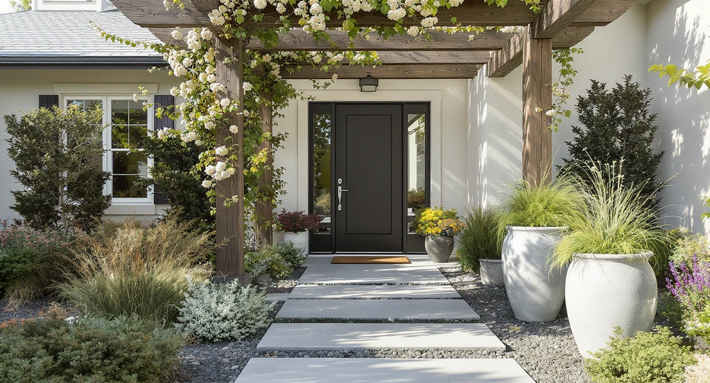 Modern front yard showcases curb appeal landscaping ideas with a vine-covered arbor, bold planters, low maintenance plants, and a contemporary walkway.