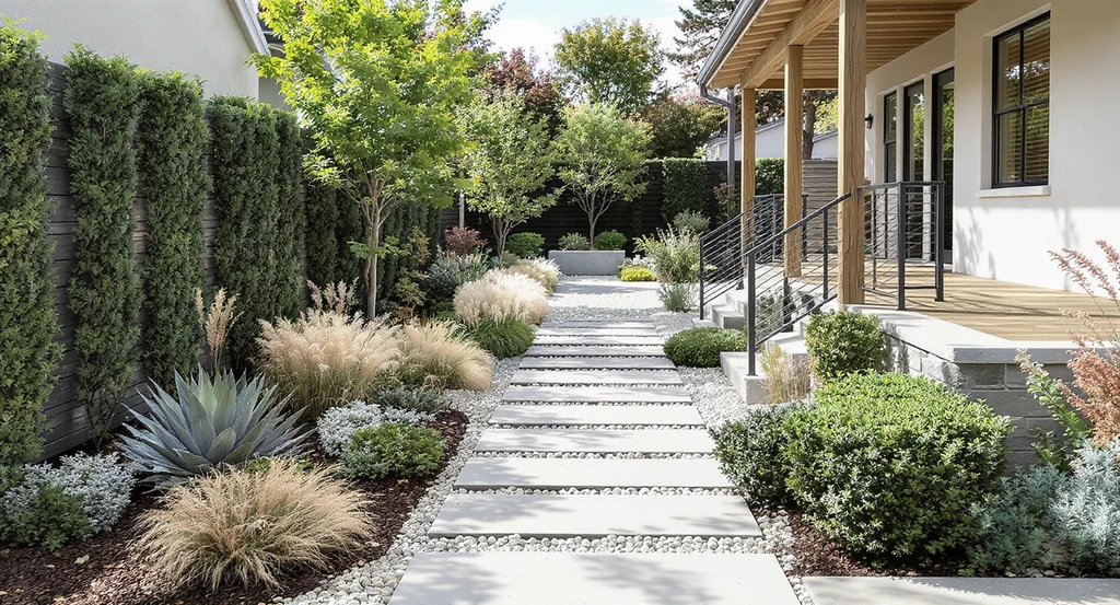 Modern front yard curb appeal landscaping ideas shown with a stone walkway, layered low-maintenance plants, and subtle privacy barriers, demonstrating how to choose front yard plants and blend hardscape with garden design.