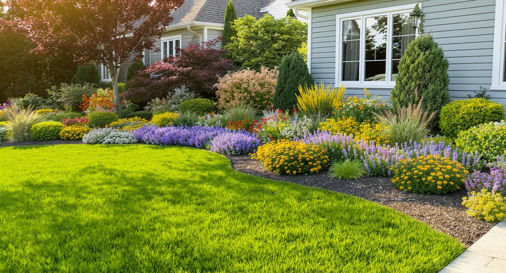 Front yard landscaping idea showing transition from lawn to layered perennial beds and native meadow for low maintenance and curb appeal.