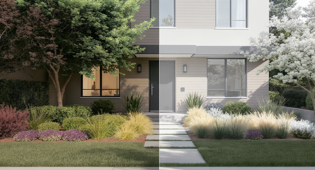 Modern front yard curb appeal landscaping ideas showing how to choose front yard plants with proper mature size, walkway design, and low-maintenance grouped beds.