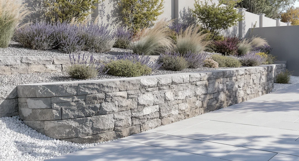 Modern front yard with a new stone retaining wall, tiered low-maintenance plants, integrated drainage, and a sleek paver walkway, showing curb appeal landscaping ideas.