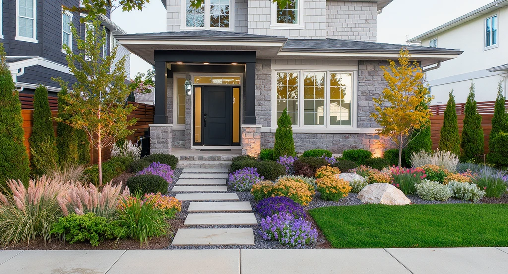 Modern front yard curb appeal landscaping ideas with a stone walkway, low maintenance native plants, privacy barriers, and a lush, inviting garden design.