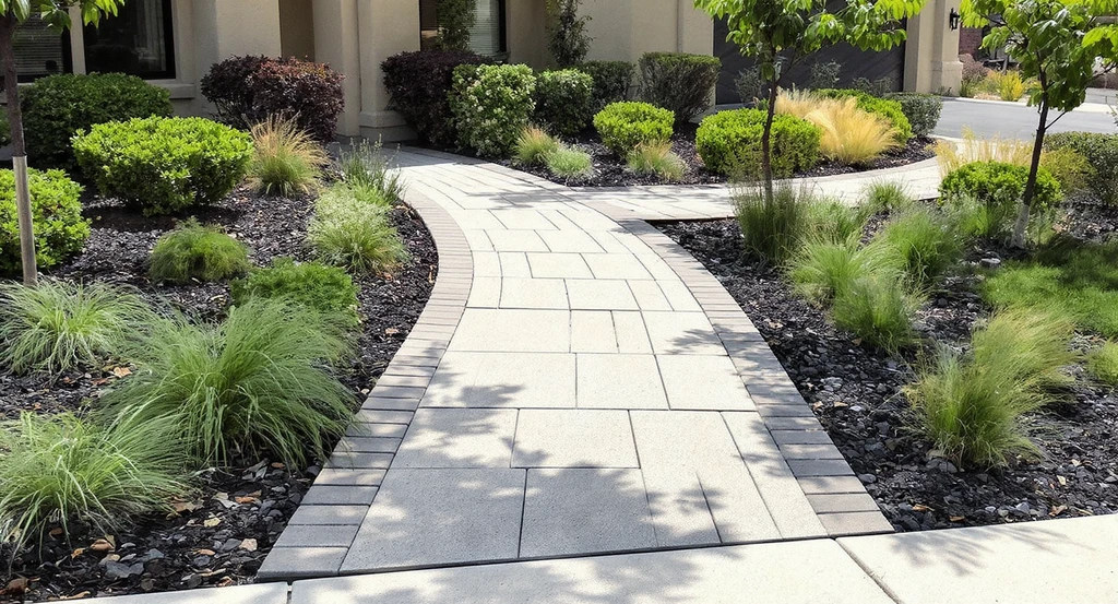 Modern front yard curb appeal landscaping with a 48-inch wide permeable paver walkway, gravel infill, clear edging, and low-maintenance plants for a clean, accessible path to the entrance.