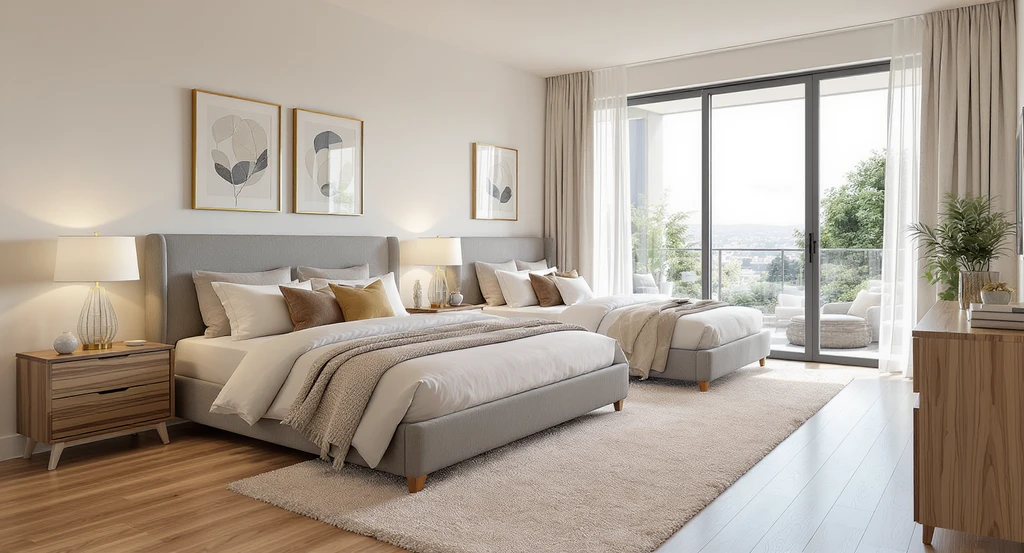 Natural light pours into a modern bedroom with both a king and queen bed side by side, illustrating should couples choose king or queen bed, how to pick the right bed size, tips for sharing a bed with pets, and does bed size impact sleep quality in real bedroom settings.