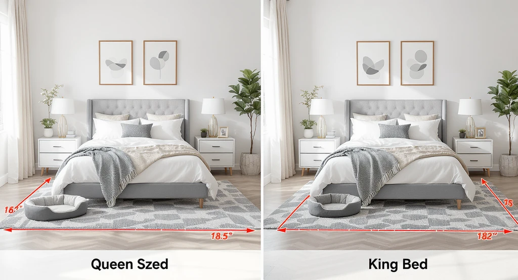 Side-by-side comparison of king and queen beds in a modern bedroom, illustrating should couples choose king or queen bed, how to pick the right bed size, will a king bed fit in my room, tips for sharing a bed with pets, and does bed size impact sleep quality.