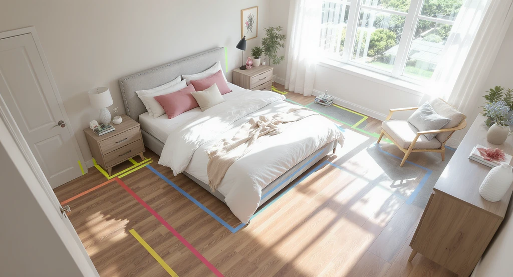 Photorealistic bedroom with zones visually mapped for furniture placement, showing king-size bed, pathways, and daylight—will a king bed fit in my room, should couples choose king or queen bed, how to pick the right bed size, does bed size impact sleep quality.