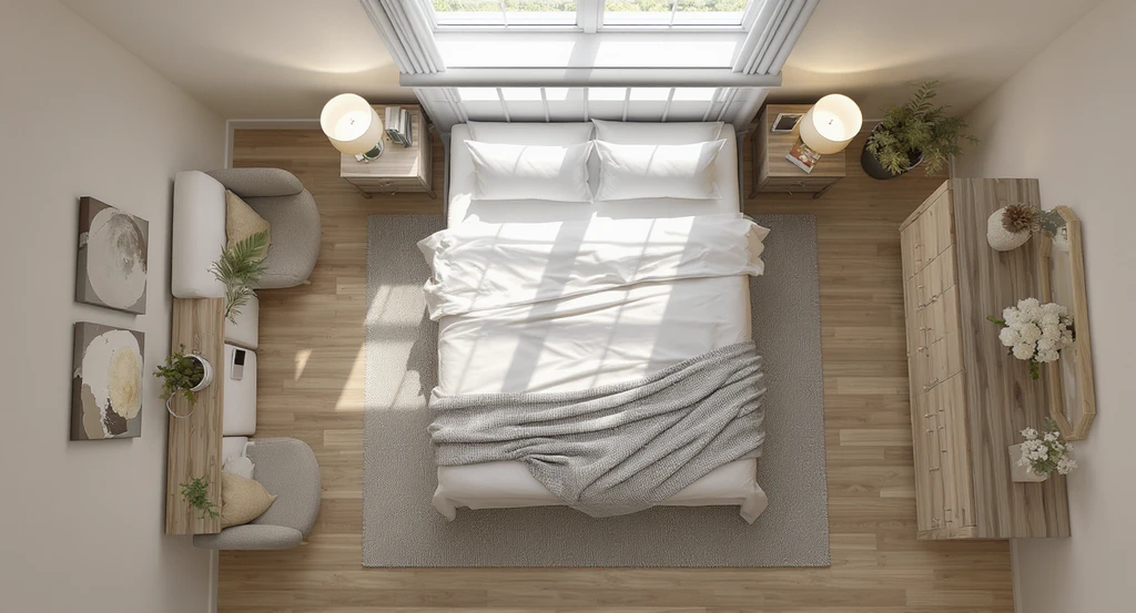 Overhead view of a queen bed in a small bedroom with 24–30 inches of clear space around it, illustrating should couples choose king or queen bed and how to pick the right bed size for comfort and movement.