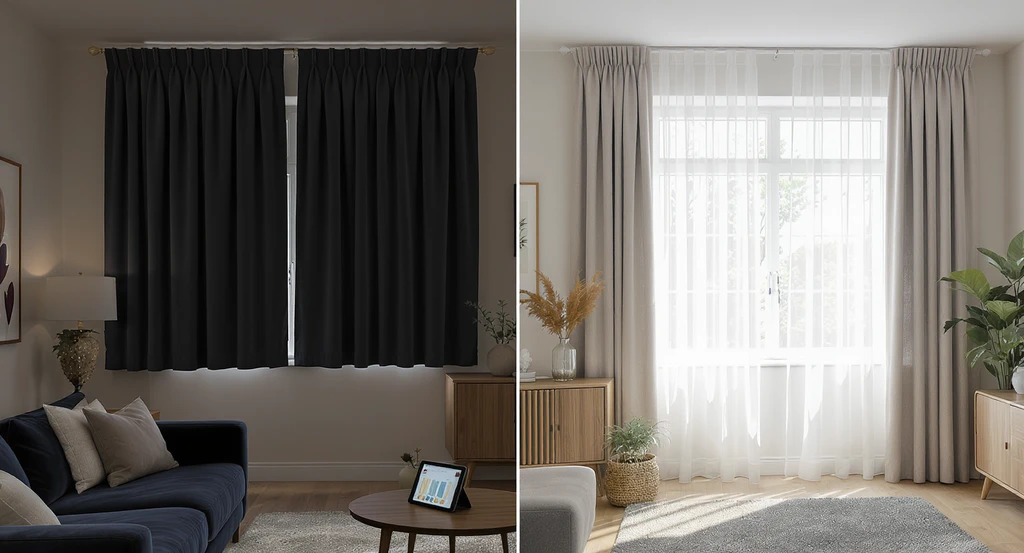 Photorealistic living room showing side-by-side comparison of common curtain mistakes and AI-optimized curtain selection. Space highlights ai curtain visualization for home design, avoiding common curtain mistakes using ai, ai room visualizer for curtain selection, and selecting curtain fabrics with ai assistance, with focus on realistic lighting and true-to-life fabric textures.