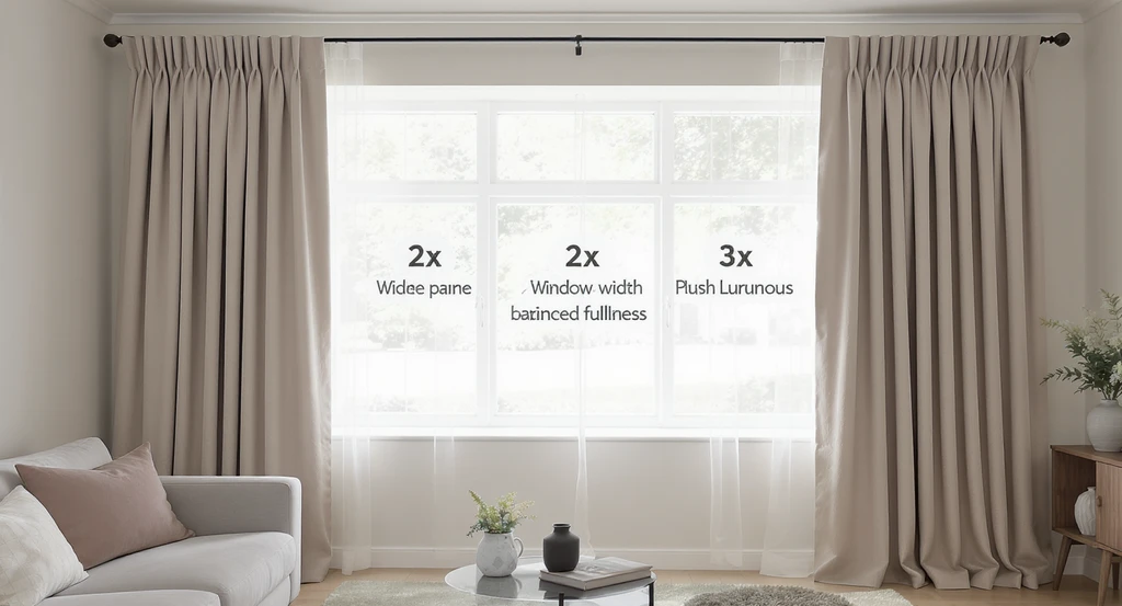 Three sets of curtains on a living room window compare minimal, balanced, and luxurious fullness using ai curtain visualization for home design selection.