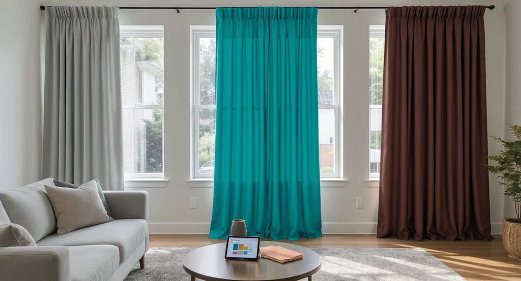 Photorealistic living room with north-facing windows and three different curtain fabrics, AI room visualizer tablet, illustrating using ai curtain visualization for home design, preventing common curtain mistakes, and selecting curtain fabrics with ai assistance.