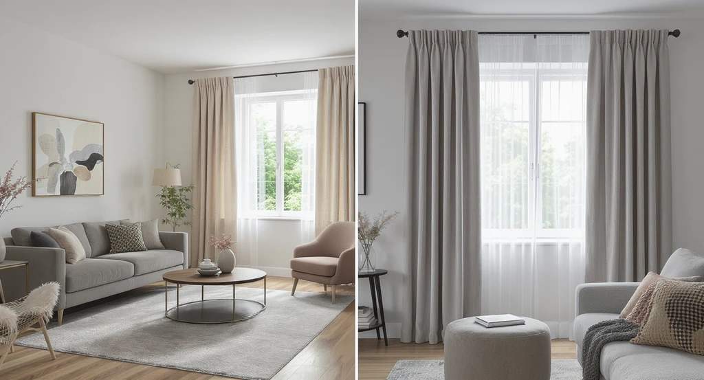 Contemporary living room using ai curtain visualization for home design—avoiding common curtain mistakes using ai and previewing curtain fabrics with ai room visualizer before buying.