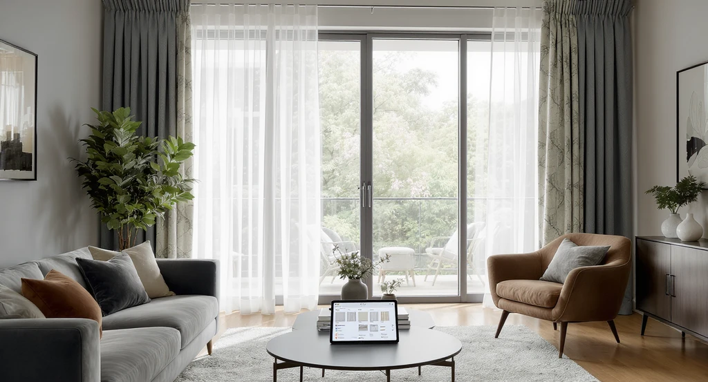 Photorealistic living room featuring multiple realistic curtain styles on a large window, an ai curtain visualization tablet, and examples of curtain selection mistakes fixed with ai in home design.